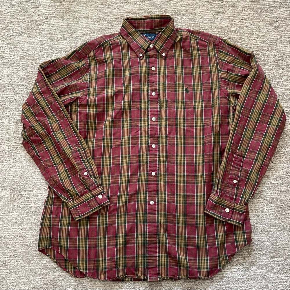Vintage Polo RALPH LAUREN Mens L Red Brown Plaid Classic Fit Button Down Shirt